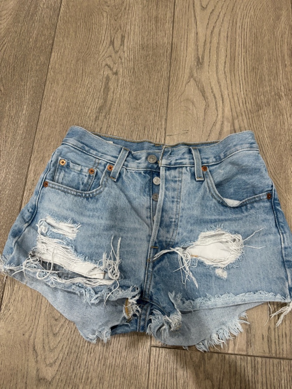 Levi's Light Blue Distressed High-Rise Denim Shorts